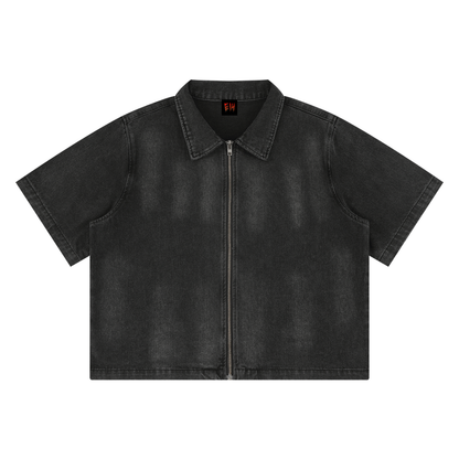 Unisex Vintage Washed Full-Zip Denim Shirt